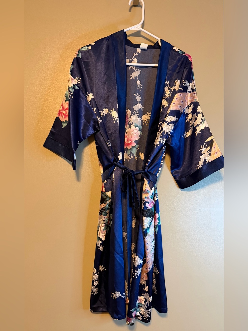 Vintage 100% Silk Navy Floral and Peacock Kimono Robe